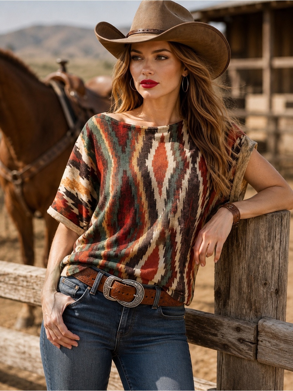 Lauren Ralph Lauren Aztec Western Short Sleeve Top Linen Blend Sz L